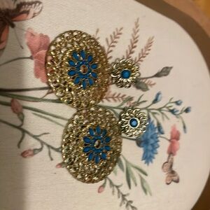 Gold and Blue Teardrop Filigree Earrings